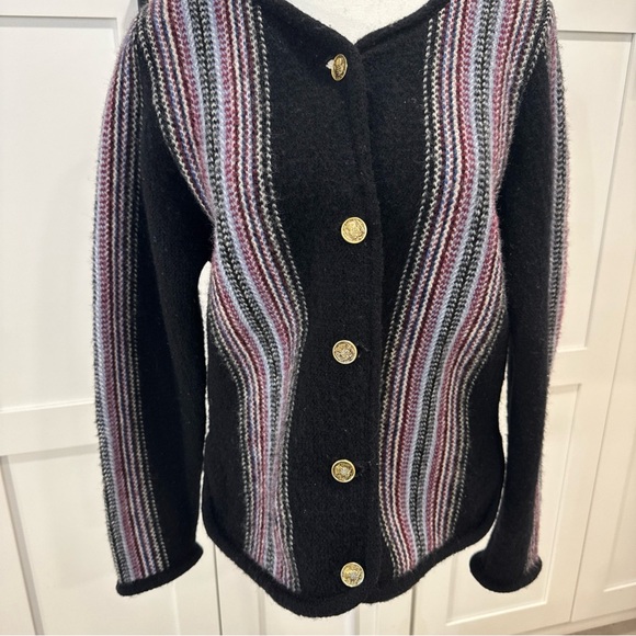 Vintage Robert Mackie 100% Wool Black Striped Sweater button up cardigan M - Picture 3 of 14